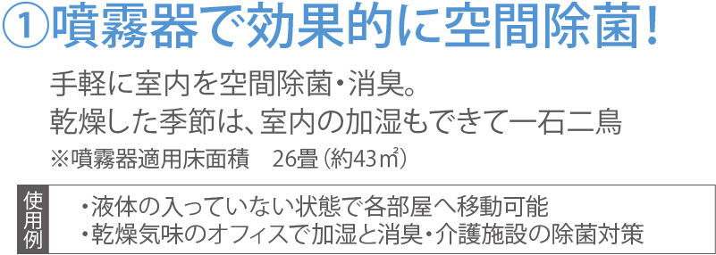 ①噴射器で効果的に空間除菌